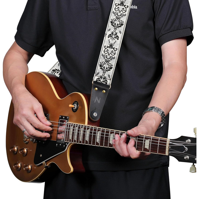 Гітарний ремінь Vintage з вишивкою з бавовни з кінцями з натуральної шкіри для бас-гітари, електро- та акустичної гітари, з безкоштовними кнопками для ремінця, 1 пара замків для ремінця та 4 медіатори D# - Біла квітка