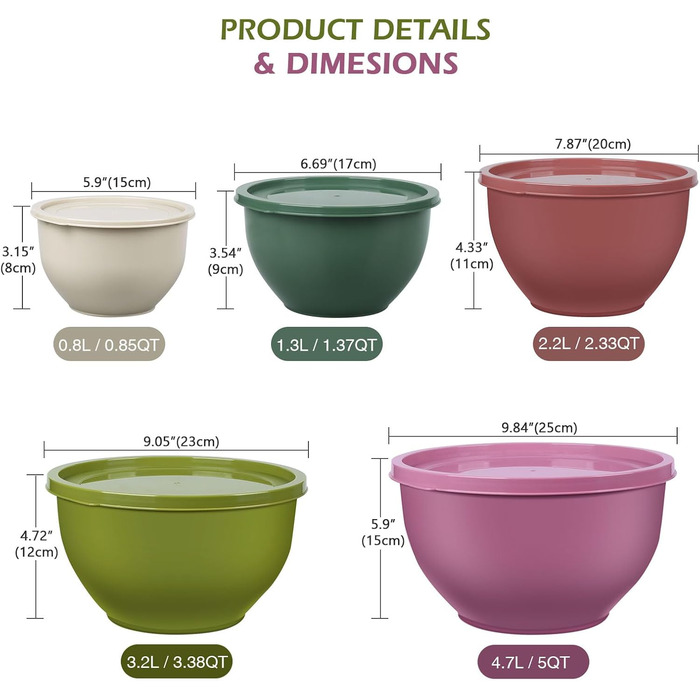 Набір салатниць з кришкою, міски для перемішування з пластику, набір вкладишів для кухні, великі салатниці, сервіровочні миски для змішування та подачі, BPA-free, фіолетовий