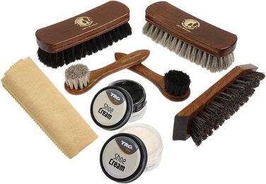 Premium Rosshaar Shoe Brush Shoe Care Set - 2 x Extra-Large Polishing Brushes - 2 x Rosshaar Application Brushes - 2 x Brand-Name Shoe Cream - Coconut Fiber Dirt Brush - Shoe Care Made in Germany