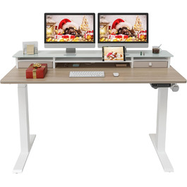FEZIBO Electric Standing Desk with 2 Drawers - 140x60cm, Memory Control, Anti-Collision System, Light Brown Woodgrain