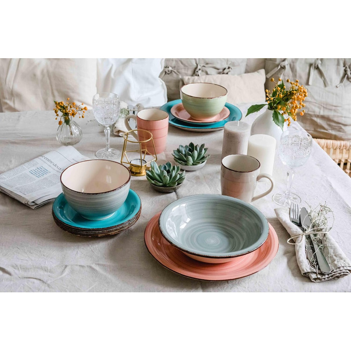 MÄSER Bel Tempo II: Набір посуду вінтажний, 16 предметів, для 4 осіб, кераміка ручної роботи, зелено-блакитний
