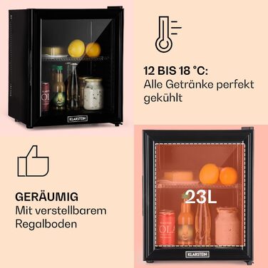 Klarstein 24L Mini Fridge - Compact Refrigerator for Drinks, Snacks & Skincare - Quiet Operation, Adjustable Shelves - Black