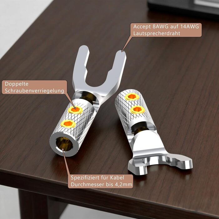 Конектори для акустичних кабелів Monosaudio SY1508R, позолочені (родий), Y-подібні плоскі клеми з гвинтовим затискачем, 8 шт. (для кабелів до 4,5 мм)