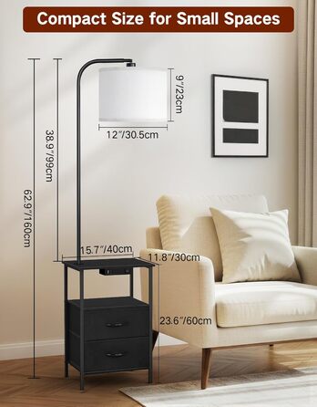 Стельова лампа для вітальні з тумбою та полицею, регульована LED, з пультом, 3 колірні температури, приліжкова тумба з зарядкою та полицею, дерев'яний столик для спальні/офісу (чорний з шухлядами)