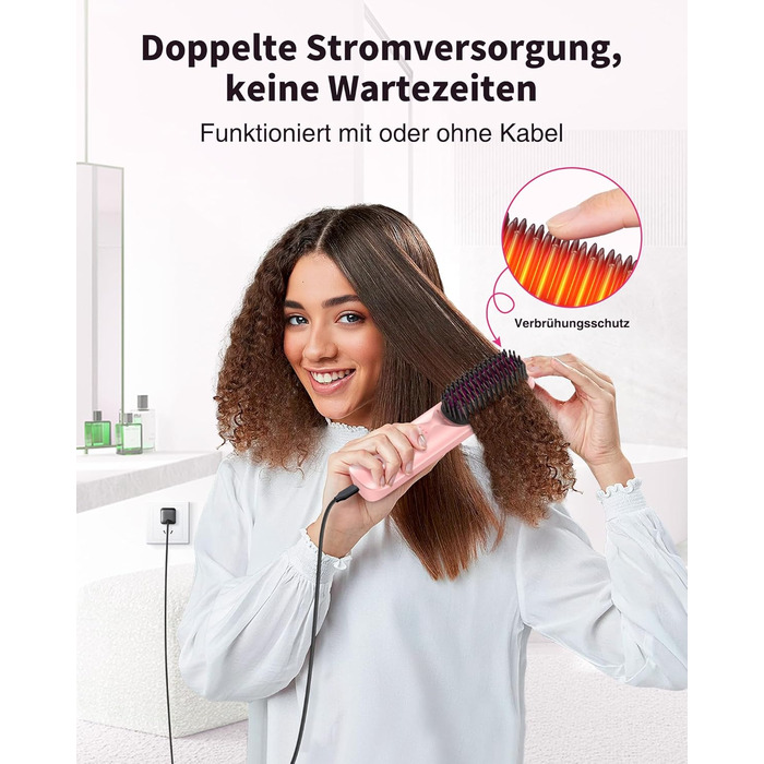 Бездротова випрямляч для волосся Bopcal Mini Glättbürste з іонізацією, 10000mAh, захистом від опіків, швидкий нагрів, 6 температурних режимів, рожевий
