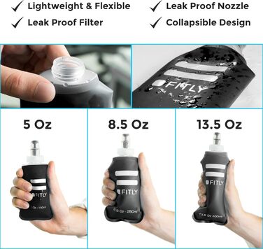 FLASKS Combo – 3 soft drinking bottles for hydration while running, hiking, cycling, climbing – Foldable water bottles (150–250 – 400 ml) – Black