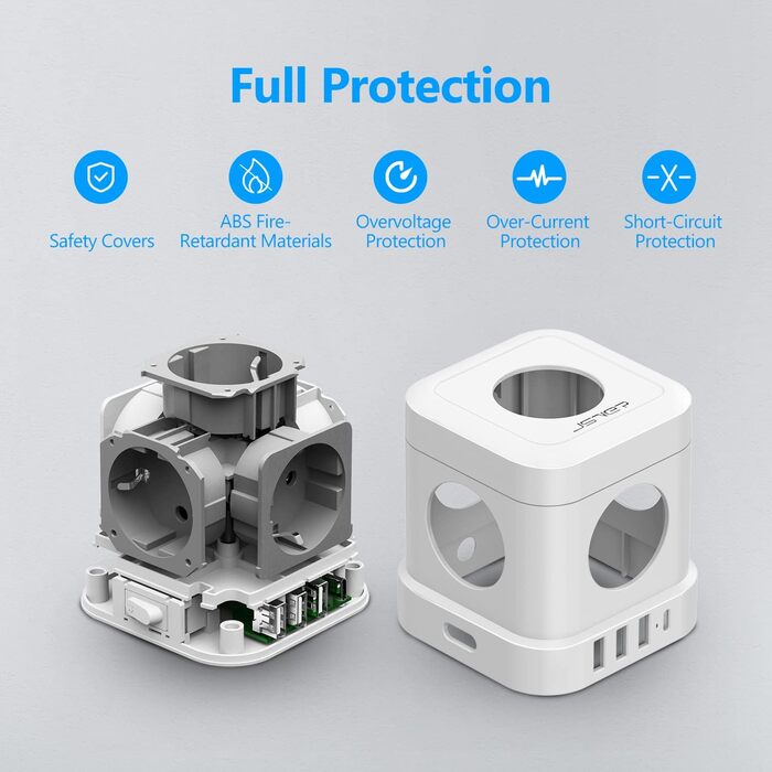 Сетевой фильтр JSVER Cube 5-портовый с USB, кубический сетевой фильтр (3680W 16A) с 4 USB-зарядками (17W), для столу, офиса, дома или в поездку, 2м кабель, белый