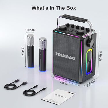 Портативна Bluetooth-колонка караоке з 2 бездротовими мікрофонами, RGB-підсвічуванням, регулюванням високих та низьких частот, ефектами голосу, AUX/USB/TF/OTG, 6.5 мм роз'єм, для вечірок (білий/чорний)