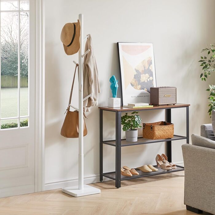 YMYNY Solid Wood Wardrobe Rack, Thickened Square Base, Tree-Shaped Clothes Rack, 3 Adjustable Heights, 8 Hooks, Freestanding, Sturdy, for Bag, Clothing, Living Room, White HCR002W