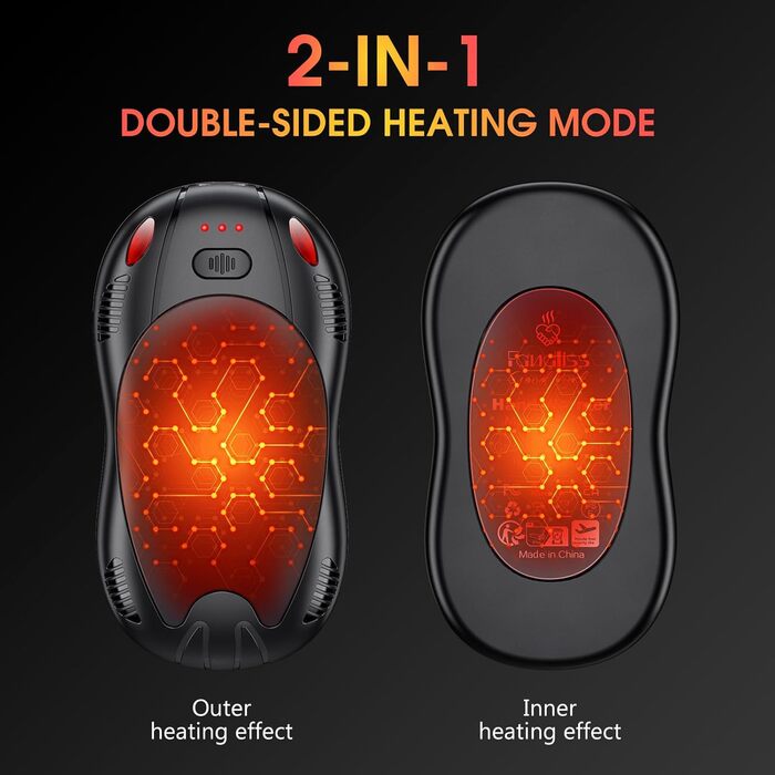 Електричний грілка для рук з акумулятором 10000mAh, 2 шт., з двостороннім нагрівом, USB, 3 режими, для кемпінгу та відпочинку на природі