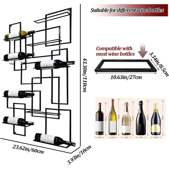 Підвісна полиця для вина на 10 пляшок, металева, чорна, 110x60x10 см (2 шт.)