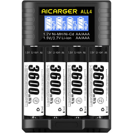 Зарядний пристрій для акумуляторів AA/AAA AICARGER з LCD дисплеєм, 4 слоти, 5V/2A, USB-C, 4 x AA 3600mAh в комплекті