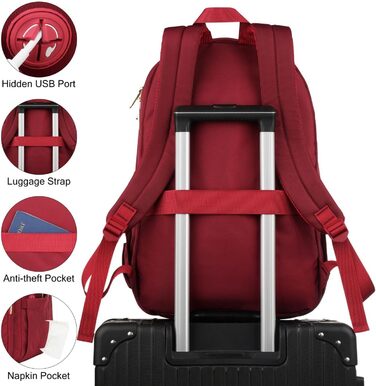 Жіночий рюкзак для ноутбука 17.3 дюйма, шкільний рюкзак для дівчат-підлітків, для навчання, роботи та офісу, для студентів та вчителів, колір: винний