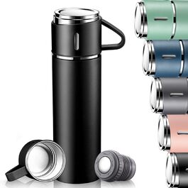 Stainless Steel Thermos Flask with Cup and Handle - 500ml Insulated Travel Mug - Leakproof, Double-Walled, Vacuum Insulated for Kids, Sports & Outdoors (Black)