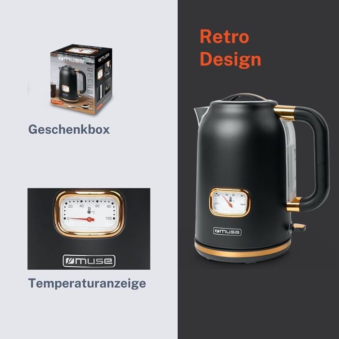 Чайник електричний зі сталі нержавіючої, ретро-дизайн, з аналоговим термометром, фільтром, прозорою шкалою, об'єм 1,7 л, автоматичне вимкнення, матовий чорно-золотий (MS-030 BC)