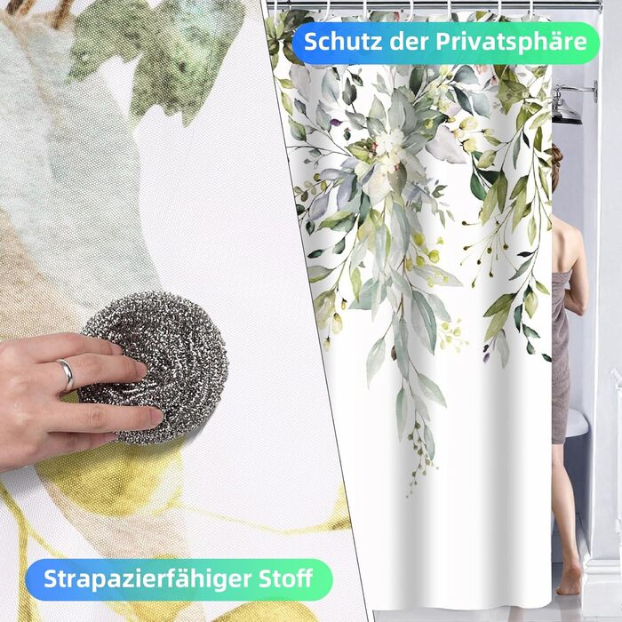 Шторка для душу текстильна з 12 гачками, водонепроникна, антигрибкова, 180x200 см, для ванної кімнати, зелена