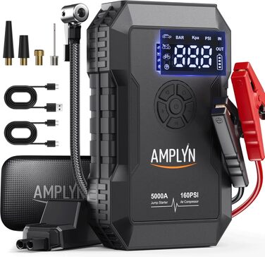 Пусковий пристрій для авто (Бустер) з компресором 160 PSI, 5000A, 12V, портативний Jump Starter для бензинових та дизельних двигунів (до 10л), Type-C, ліхтарик