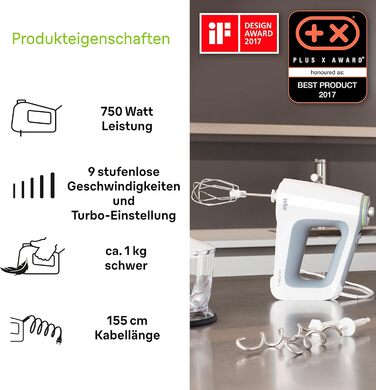 Braun MultiMix 5 HM 5137 Hand Mixer – Handheld Mixer with Continuous Speed Control, including Whisk, Dough Hooks, Immersion Blender, Chopper, and 600 ml Mixing and Measuring Cup, 750 Watt, white HM 5137 Single
