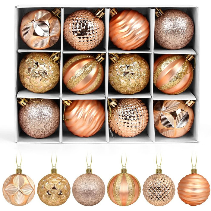 Новорічні кулі для ялинки, пластик, 6 см, набір 12 шт. (рожево-золотий)
