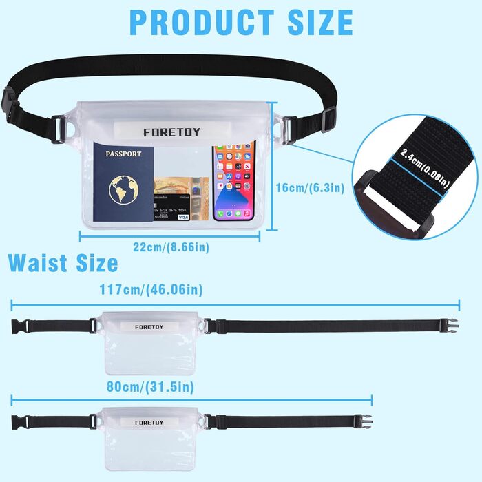 Водонепроникна поясна сумка з регульованим поясом, водонепроникний чохол для телефону IP68. Підходить для фотозйомки, водного спорту, пляжу, плавання, катання на човні та іншого. (Прозорий*2)