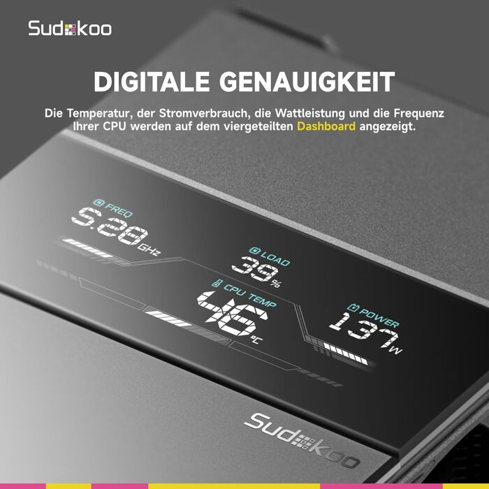 Система охолодження CPU Sudokoo SK700V AM5: Кулер для ПК з дисплеєм, 120мм вентилятор, 7 heatpipes, сумісний з AM5, безперешкодний доступ до RAM, 5 років гарантії, чорний