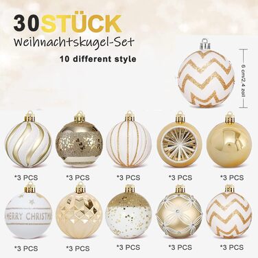 Набір прикрас на ялинку: 30 золотих ялинкових кульок (60 мм, пластик) з гачками для ялинки, святкування, вечірка, весілля