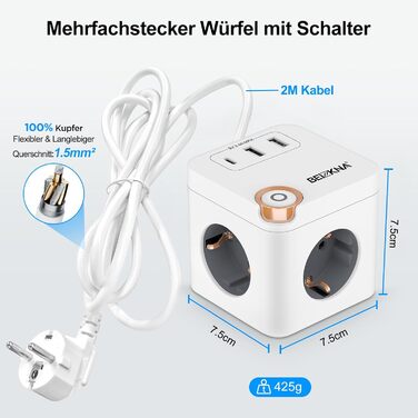 Мережевий концентратор з 4 USB-портами, настінний, 4 розетки, захист від перенапруги, 2 USB-C розетки, вимикач, 4000W, 16A, білий