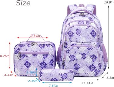 Шкільний рюкзак ZHIERNA для дівчаток-підлітків: комплект з пеналом та ланч-боксом (фіолетовий)