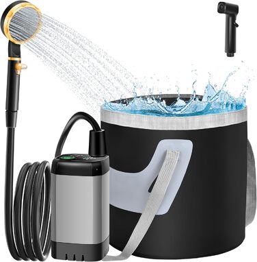 IEEILULU Portable Camping Shower, 6000mAh Camping Shower Battery with Pump, Outdoor Mobile Showers with Temperature Indicator and Foldable Bucket for Pet Travel, Garden, Car Washing, Beach