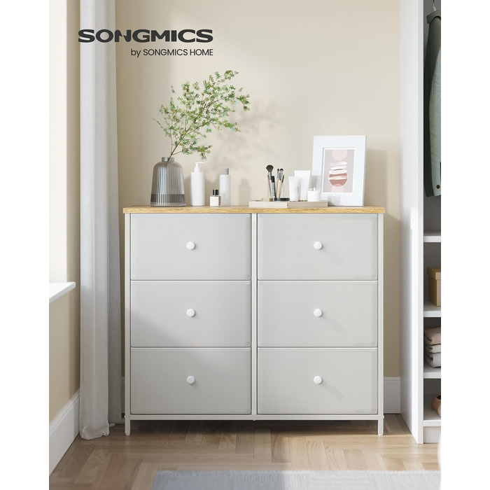 SONGMICS Chest of Drawers, Cabinet, 6 Fabric Drawers, Metal Frame, Storage Cabinet, for Children's Room, Bedroom, Hallway, Cream White-Oak Finish LTS323W57