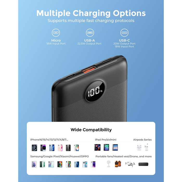 Power Bank VEEKTOMX 10000mAh: Компактний повербанк 22,5W з PD 3.0 та QC 3.0, USB-C, для iPhone/Samsung/Huawei/Xiaomi/AirPods/iPad, чорний