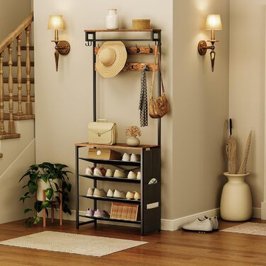 HOOBRO Coat Rack with Shoe Storage, Shoe Shelf with Coat Rack, Clothes Rack with 5-Tier Shoe Storage, Coat Rack with Shoe Cabinet, Adjustable Metal Grid Shelf, Greige EBG75MT01 (Vintage Brown + Black)
