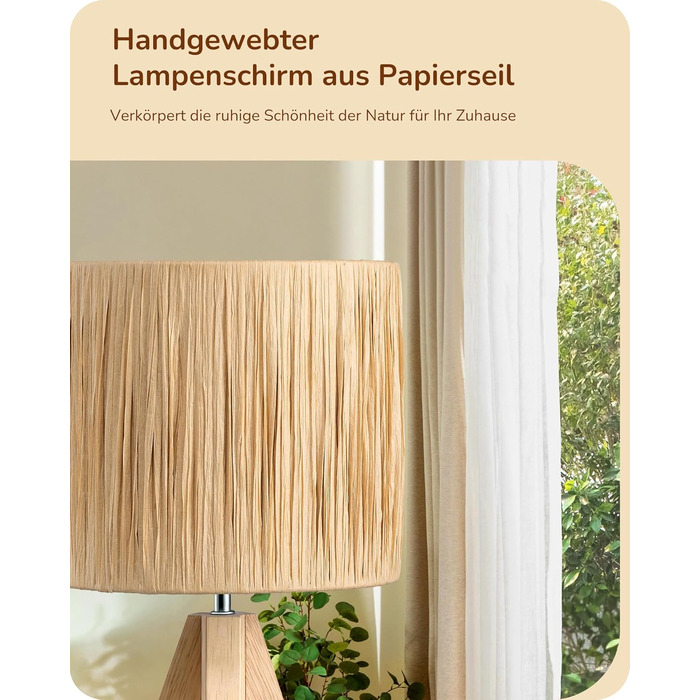 EDISHINE Настільна лампа з ручним плетінням, тепле світло 2700K, з дерев'яною підставкою, Boho стиль, для спальні, вітальні, готелю, з LED лампою E27 4W (рафія)