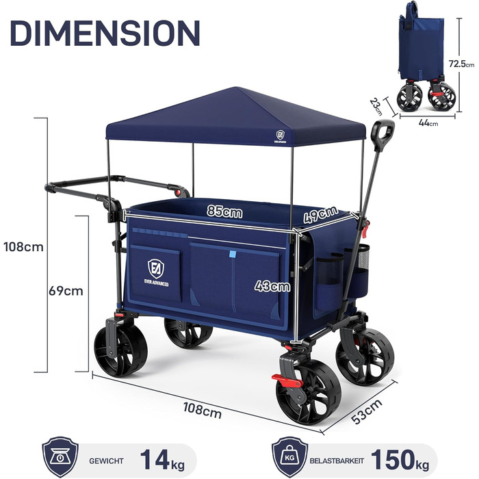 Візок-садок EVER ADVANCED XXL 225л (до 150кг) з гальмами, дахом, колесами 20x8см – для кемпінгу, пляжу, покупок, транспортування тварин (Синій, Великий)