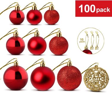 100 прикрас для ялинки червоного кольору: ялинкові кулі з пластику, глянцеві, блискучі, матові, з підвісками, діаметр до 6 см, для новорічного декору, внутрішнє та зовнішнє використання