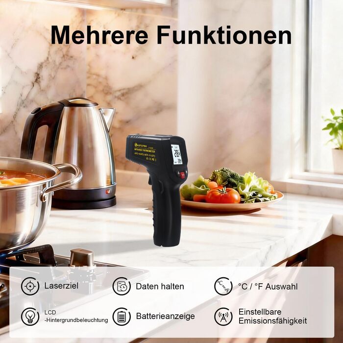 Інфрачервоний термометр KETOTEK - безконтактний вимірювач температури, -50°C до 600°C, для їжі та приготування барбекю