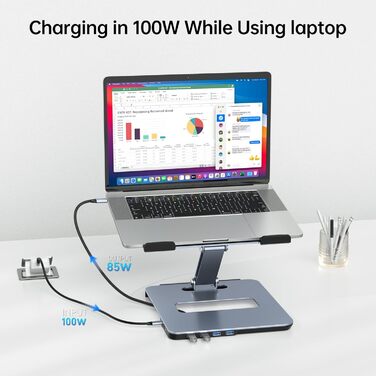 Алюмінієва підставка для ноутбука BENFEI з USB-C 6-в-1 док-станцією, HDMI 4K 60Гц, 4xUSB 3.0, Power Delivery 100Вт, сумісна з MacBook Pro/Air, iPad Pro, XPS, ThinkPad