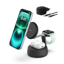 Belkin UltraCharge Pro Qi2.2 Бездротова зарядка 3-в-1 25W MagSafe сумісна для iPhone, Apple Watch, AirPods, Pixel – Чорна
