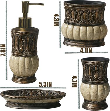 Набір аксесуарів для ванної кімнати Pumkins, ретро-стиль (4 шт.): чашка, тримач для зубних щіток, мильниця, дозатор мила. Декор для дому та робочої поверхні, туалетного столика, подарунок на новосілля. Колір: коричневий