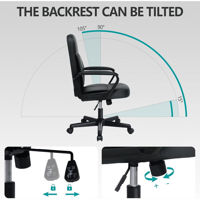 Офісне крісло MIXASTEP з PU-шкіри, поворотне, регульована висота, міцні підлокітники, 360° колеса, для роботи, навчання, ігор (Чорний)