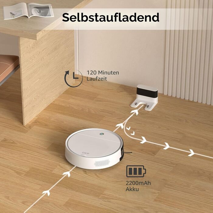 Робот-пилосос OKP K5 з потужністю 5000Pa, навігацією, HEPA-фільтром, Wi-Fi та для тварин, килимів та твердих підлог