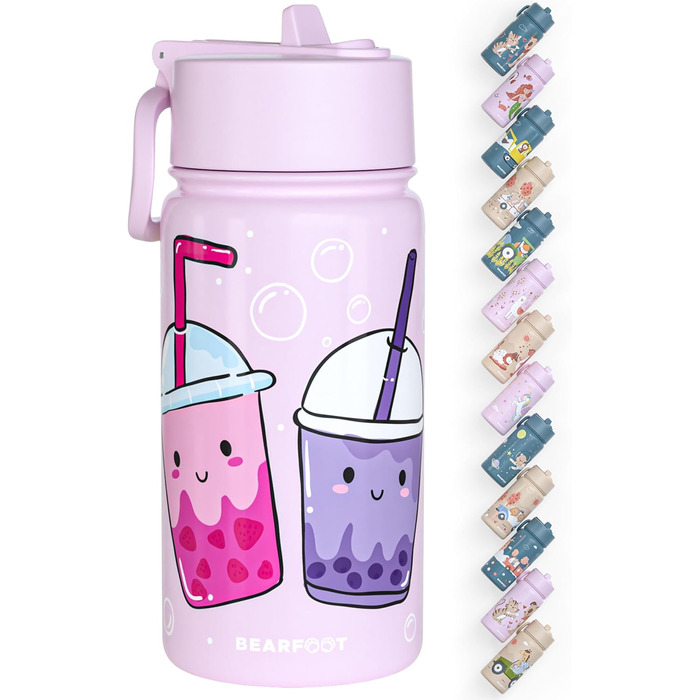 Дитяча термопляшка Bearfoot з нержавіючої сталі з трубочкою, 400 мл, без BPA, не протікає, для дівчаток та хлопчиків, ідеальна для школи та дитячого садка (Ліден - Bubbletea)