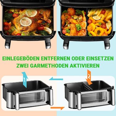 Фритюрниця повітряна подвійна 12л з 8 програмами та рецептами | Регулювання температури до 200°C, срібна