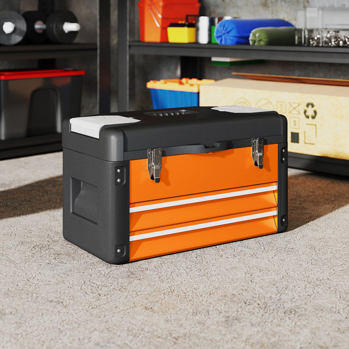 HOMCOM Empty Tool Box, 49.7 x 25.3 x 28.9 cm Tool Case with Drawer, Mini Box, Upper Storage Compartment, Handle, Steel Tool Case, Orange | Aosom