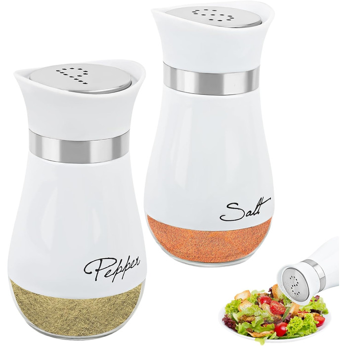 Набір солі та перцю з нержавіючої сталі з скляним дном, для кухні, грилю та кемпінгу (білий)