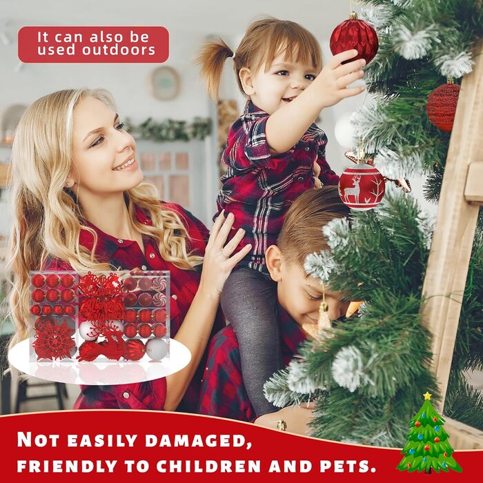 Набір 108 шт. новорічних кулічок Aufun Premium: пластик, верхівка, зірка, безпечні прикраси, багаторазові, кольори: шампань, червоний, срібний