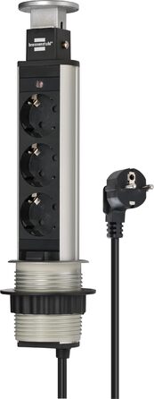 Вбудований подовжувач Brennenstuhl Tower Power на 3 розетки, 2м, вмонтовувана настільна розетка, алюміній/чорний
