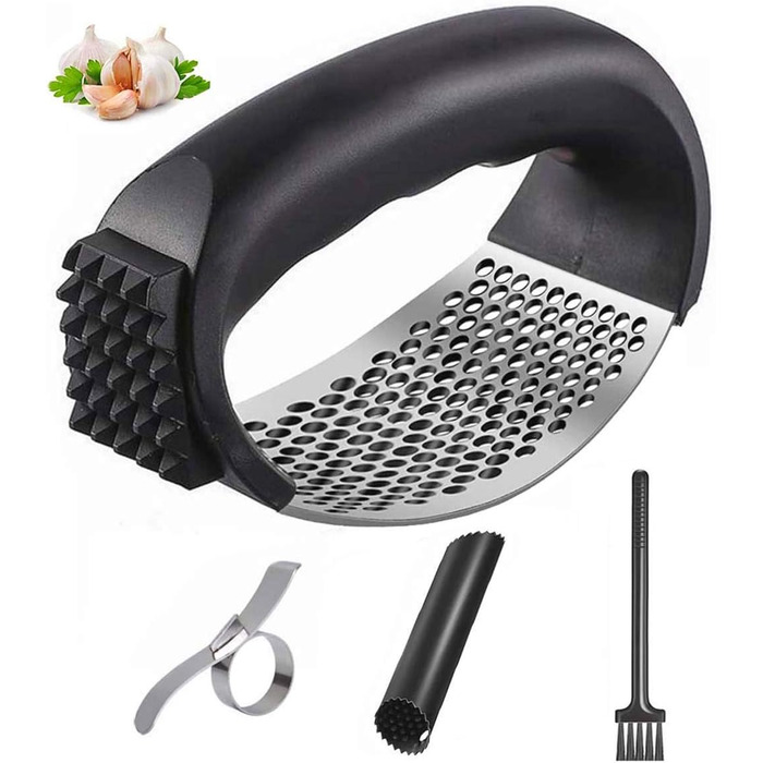 Пресс для часнику та імбиру з важелем, набір з очищувачем для апельсинів, нержавіюча сталь, чорний