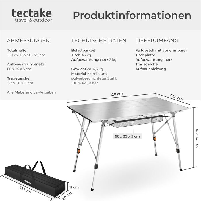 Стіл для кемпінгу Tectake®: розкладний, алюміній, XXL, водостійкий, регульована висота, 120 x 70,5 см
