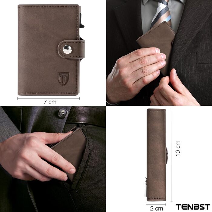 Тонкий гаманець TENBST з відділом для дрібниці, RFID захистом, з екошкіри, для чоловіків, автоматичний висувний картхолдер, коричневий, класичний
